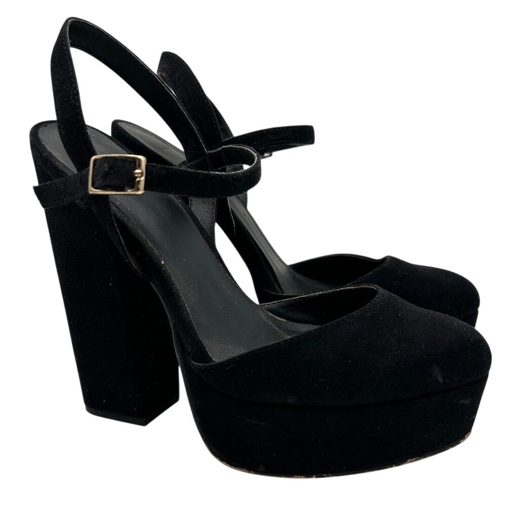 ASOS Black Suede Platform Ankle Strap Mary Jane Block Heel Pumps Size 6.5 EU 37